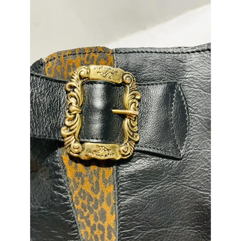 Claud Foam riding leather boots Italy black animal print gold buckle women 10.5